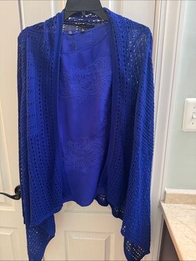 White House Black Market cobalt blue open-knit cardigan with shell